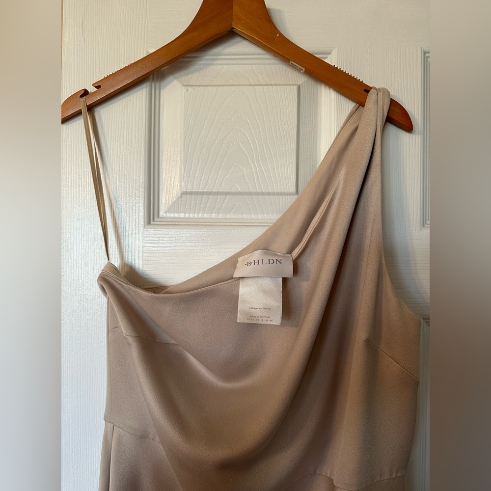 BHLDN Dylan One-Shoulder Satin Side-Slit Gown Size 12 - Champagne